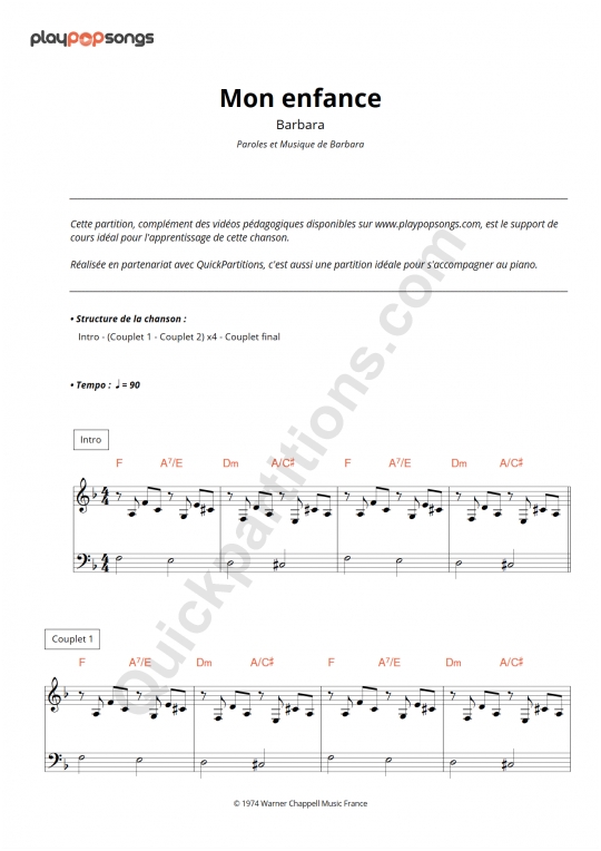 Support De Cours Mon Enfance Playpopsongs Partition Digitale