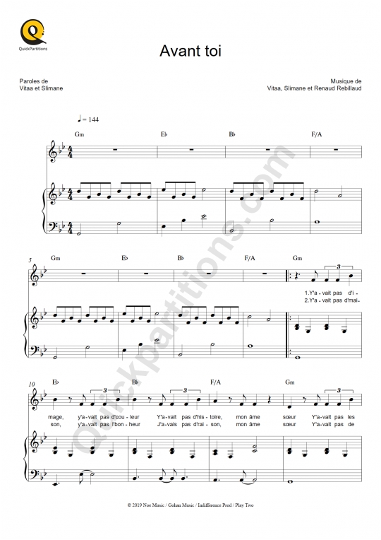 Avant toi Piano Sheet Music - Vitaa