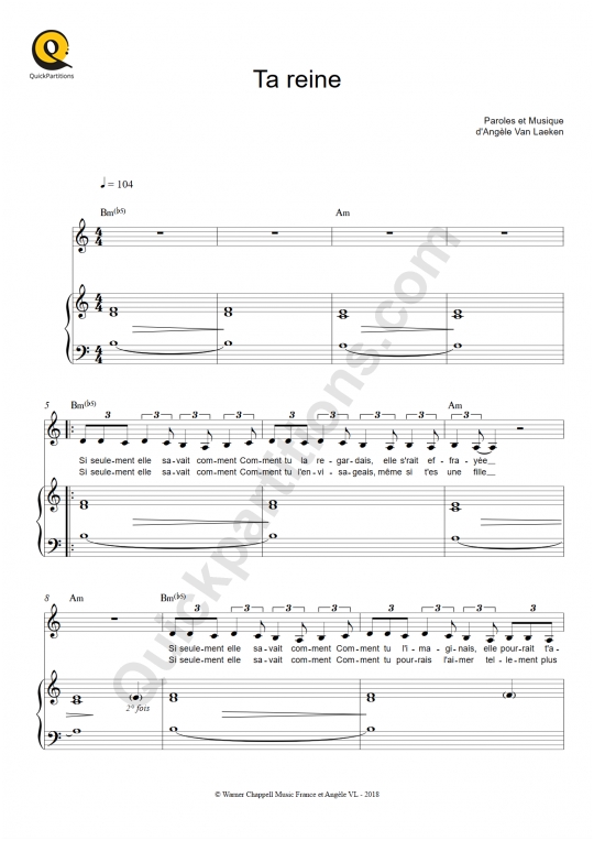 Partition piano Ta reine - Angèle