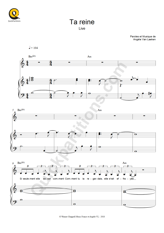 Ta reine (live) Piano Sheet Music - Angèle