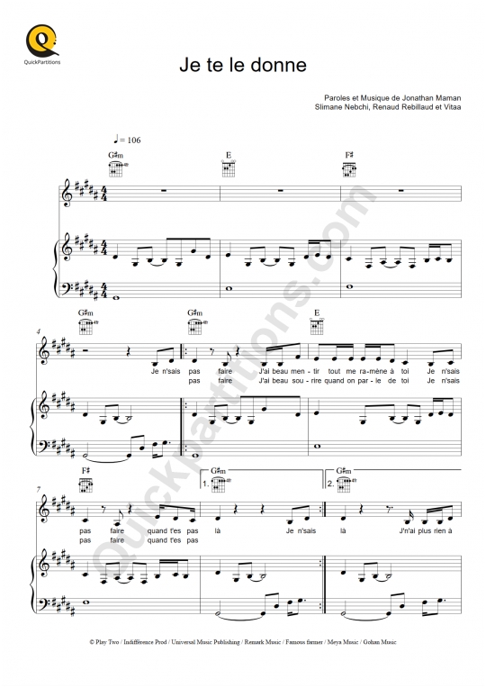 Partition piano Je te le donne - Vitaa