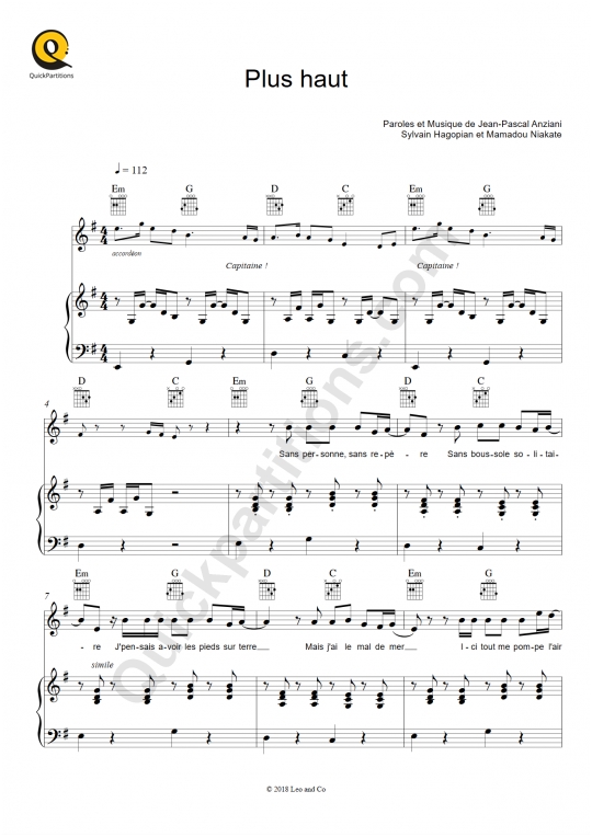 Partition piano Plus haut (radio edit) - Claudio Capéo