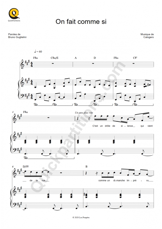 On fait comme si Piano Sheet Music - Calogero