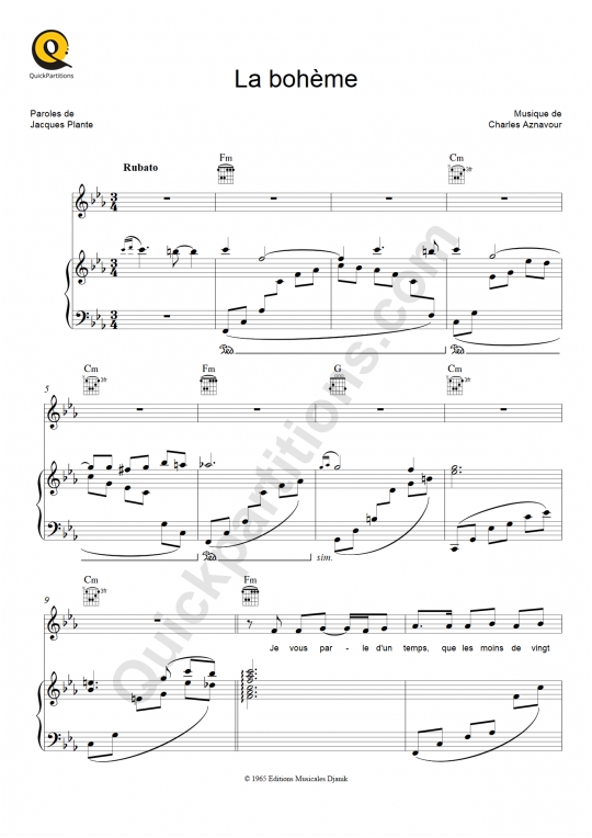 Partition piano La bohème - Charles Aznavour