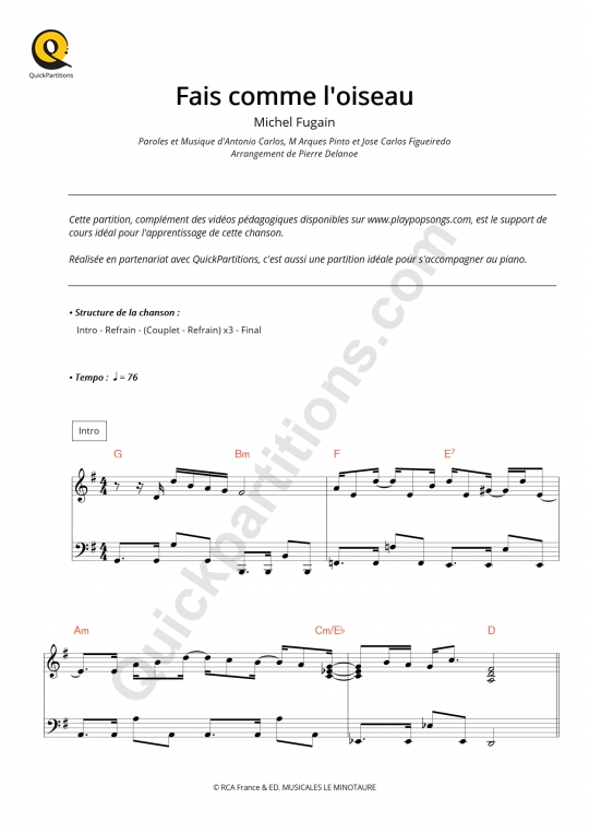 Fais comme l'oiseau Piano Sheet Music - Michel Fugain