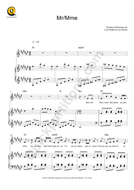 Partition piano Mr/Mme - Loïc Nottet