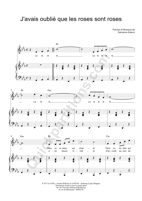 Partition piano J'avais oublié que les roses sont roses - Salvatore Adamo