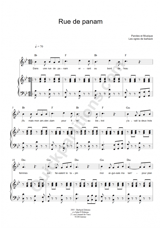 Partition piano Rue de panam - Les Ogres De Barback