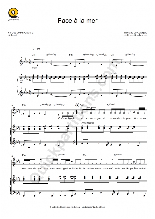 Face à la mer Piano Sheet Music - Calogero