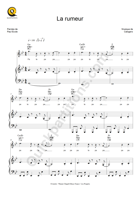 Partition Piano La Rumeur Calogero Partition Digitale