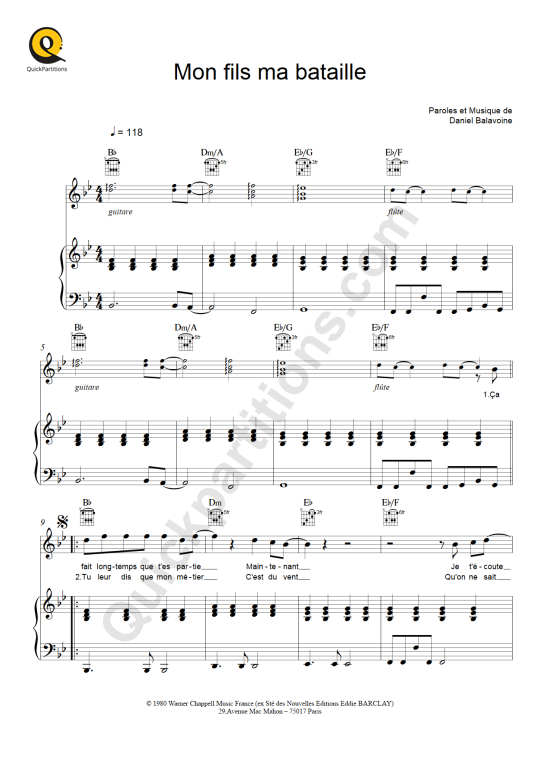 Partition piano Mon fils ma bataille - Daniel Balavoine
