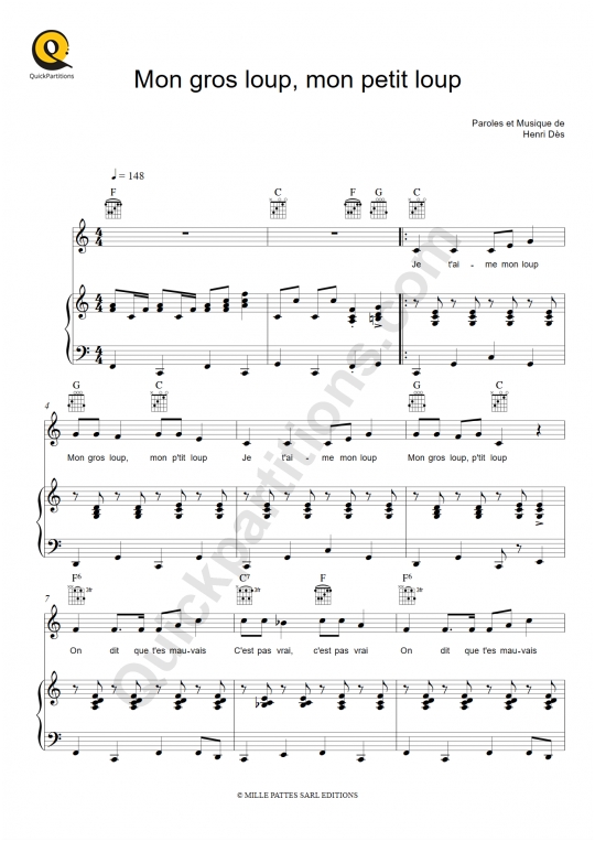 Partition piano Mon gros loup, mon petit loup - Henri Dès