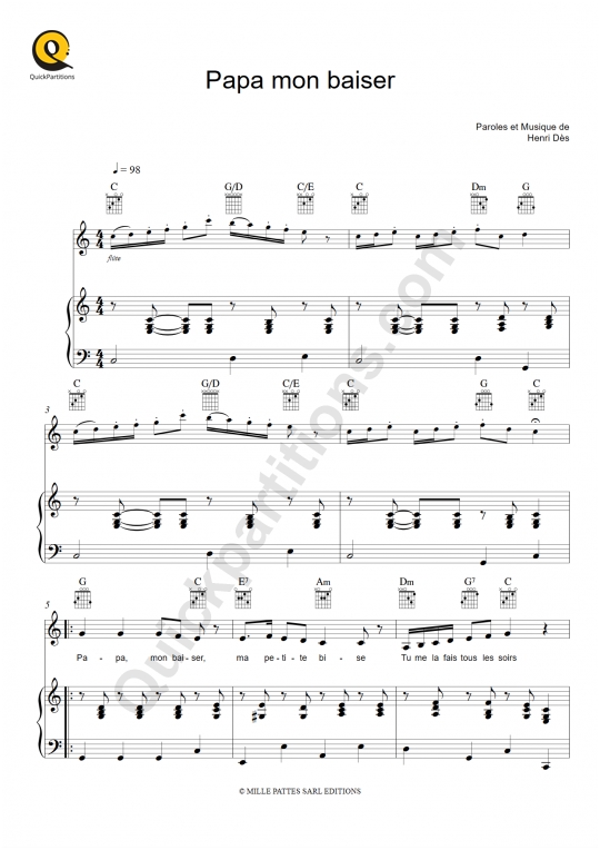 Partition piano Papa mon baiser - Henri Dès