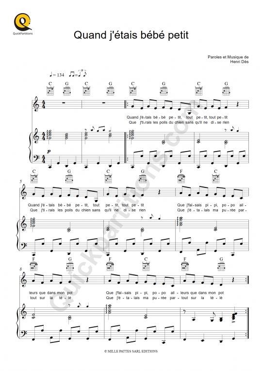 Partition piano Quand j'étais bébé petit - Henri Dès