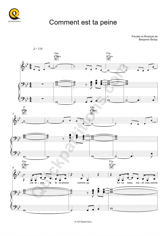 Comment est ta peine Piano Sheet Music - Benjamin Biolay
