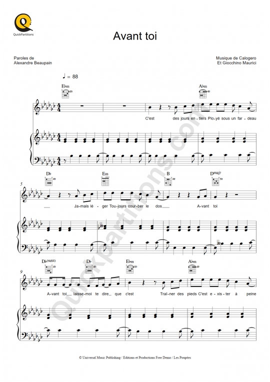 Partition piano Avant toi - Calogero