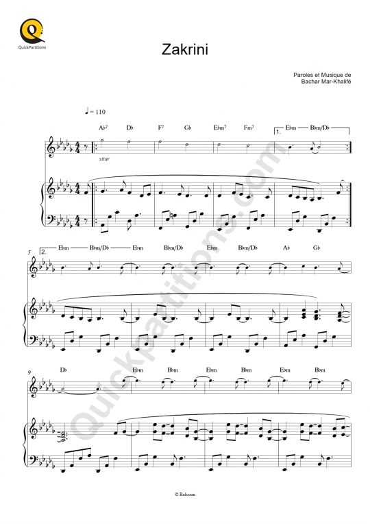 Zakrini Piano and Solo Instrument Sheet Music - Bachar Mar-Khalifé