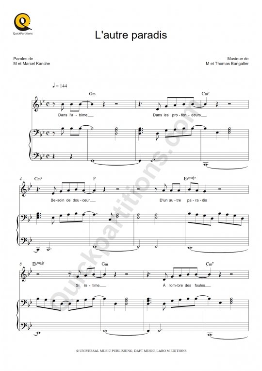 L'autre paradis Piano Sheet Music - M