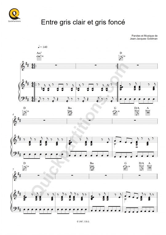 Partition piano Entre gris clair et gris foncé - Jean-Jacques Goldman