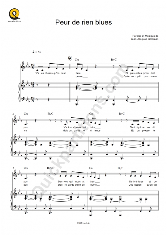 Peur de rien blues Piano Sheet Music - Jean-Jacques Goldman