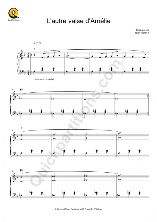 L'autre valse d'Amélie Piano Sheet Music - Le Fabuleux Destin d'Amélie Poulain