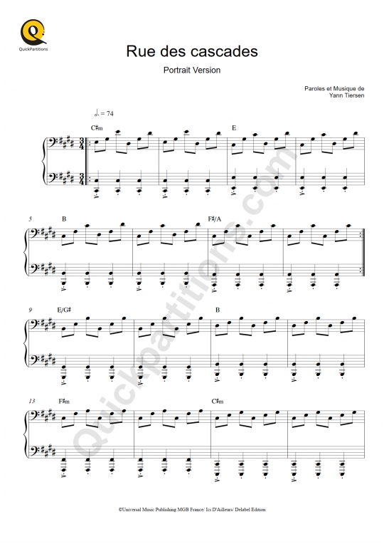 Partition piano Rue des cascades - Yann Tiersen