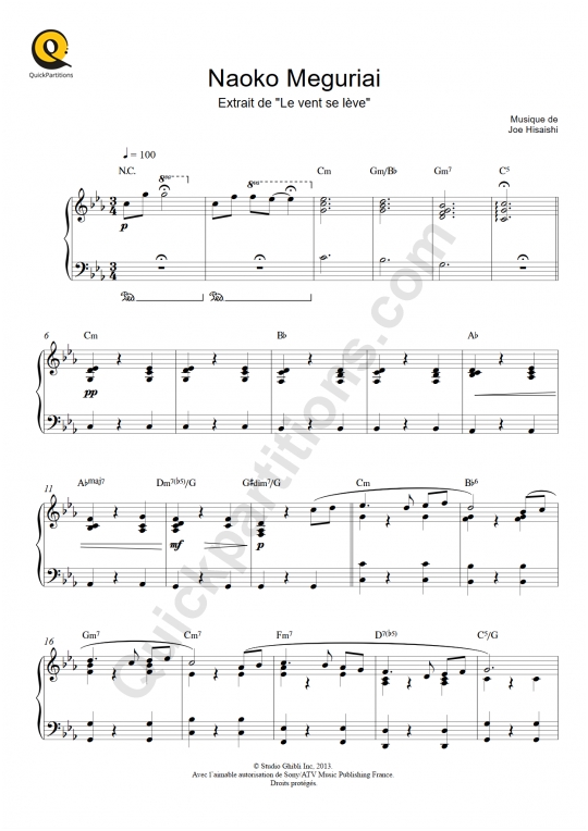 Naoko Meguriai (Le vent se lève) Piano Sheet Music - Joe Hisaishi