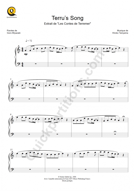 Terru's Song (Les Contes de Terremer) Piano Sheet Music - Hiroko Taniyama