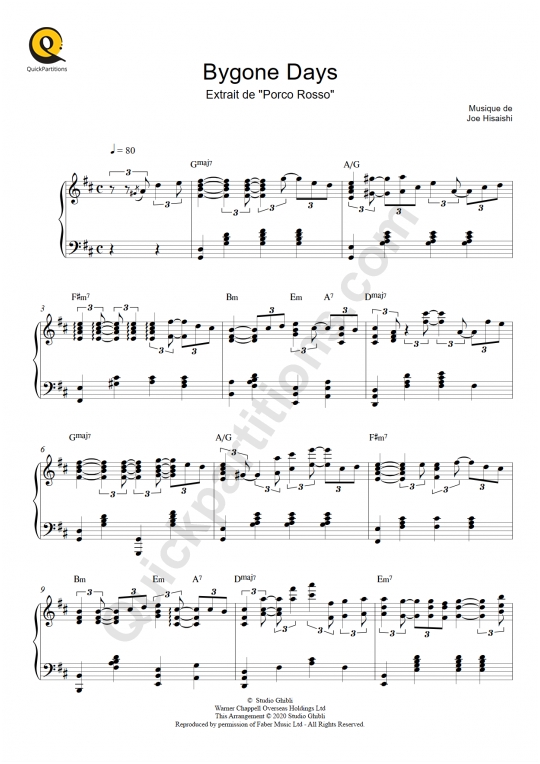 Bygone Days (Porco rosso) Piano Sheet Music - Joe Hisaishi