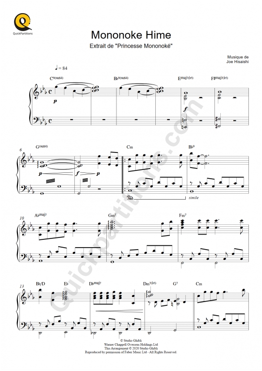 Mononoke Hime (Princesse Mononoké) Piano Sheet Music - Joe Hisaishi