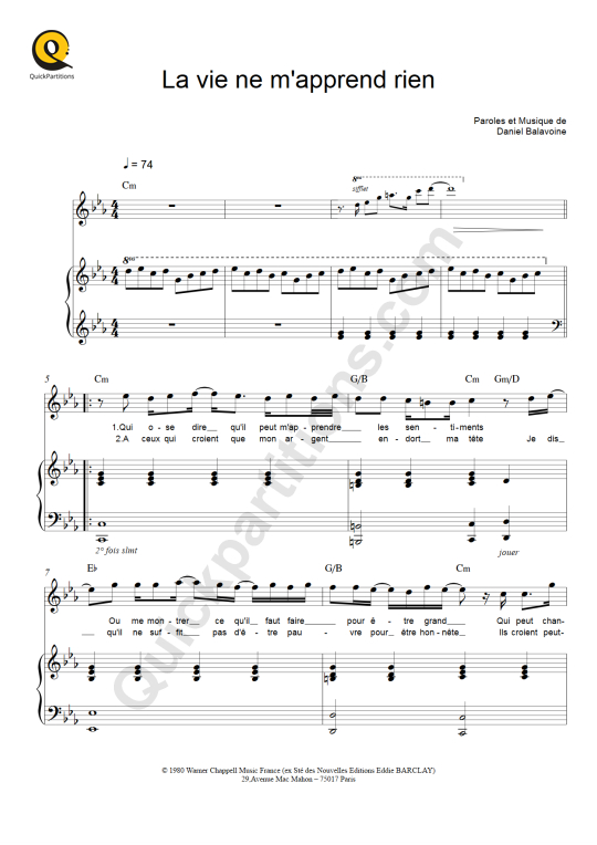 Partition piano La vie ne m'apprend rien - Daniel Balavoine