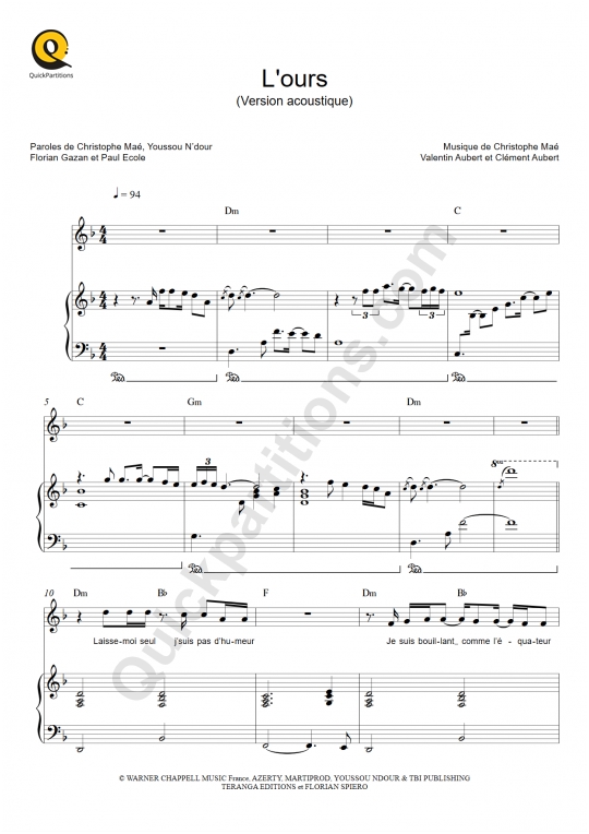 Partition piano L'ours (version acoustique) - Christophe Maé