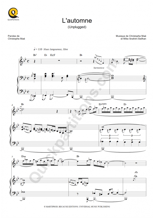 Partition piano L'automne (Unplugged) - Christophe Maé