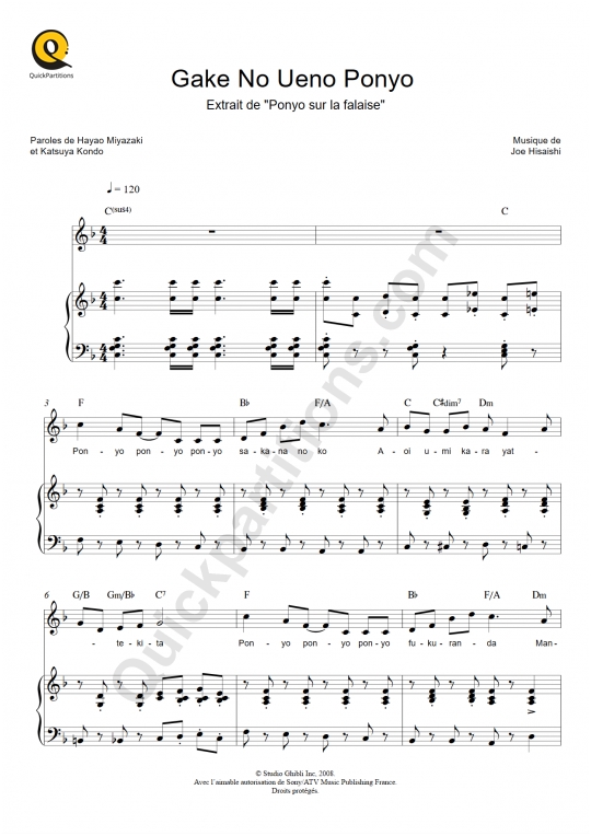 Partition piano Gake No Ueno Ponyo (Ponyo sur la falaise) - Joe Hisaishi