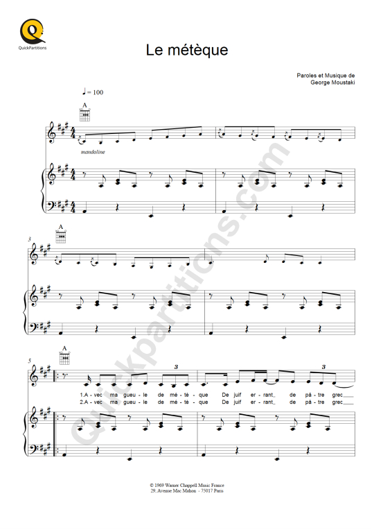 Partition piano Le Métèque - Georges Moustaki