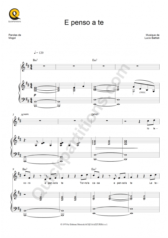 E penso a te Piano Sheet Music - Lucio Battisti