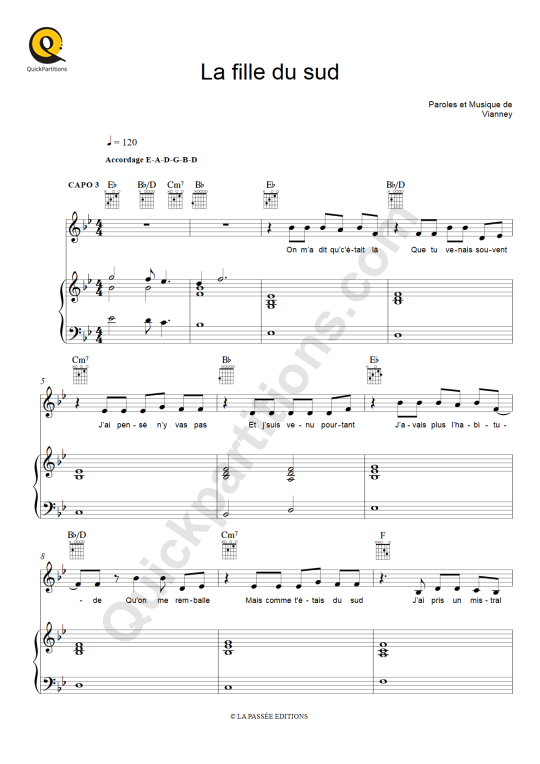 La fille du sud Piano Sheet Music - Vianney