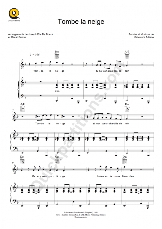 Tombe la neige Piano Sheet Music - Salvatore Adamo