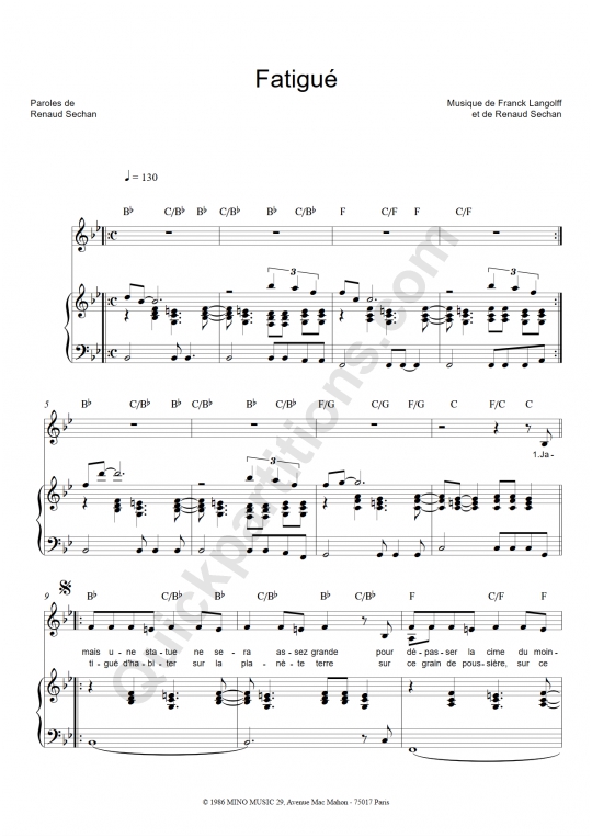 Partition piano Fatigué - Renaud