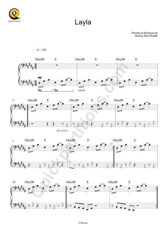 Partition piano Layla - Bachar Mar-Khalifé