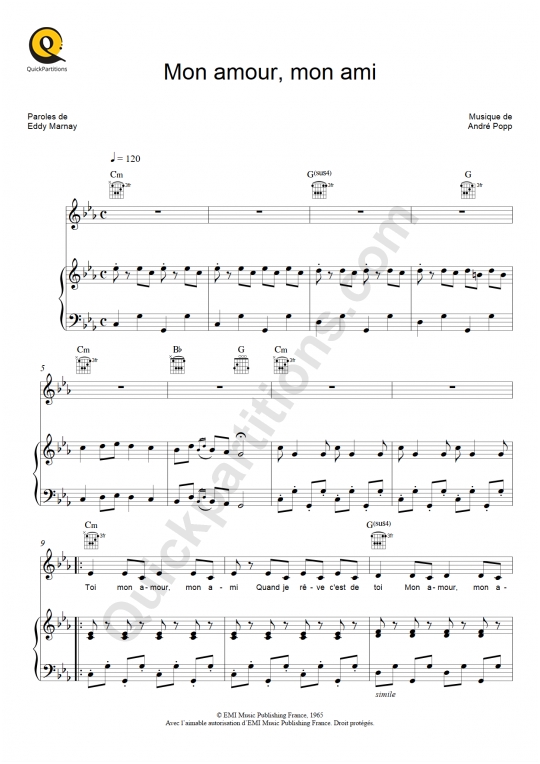 Partition piano Mon amour, mon ami - Marie Laforêt