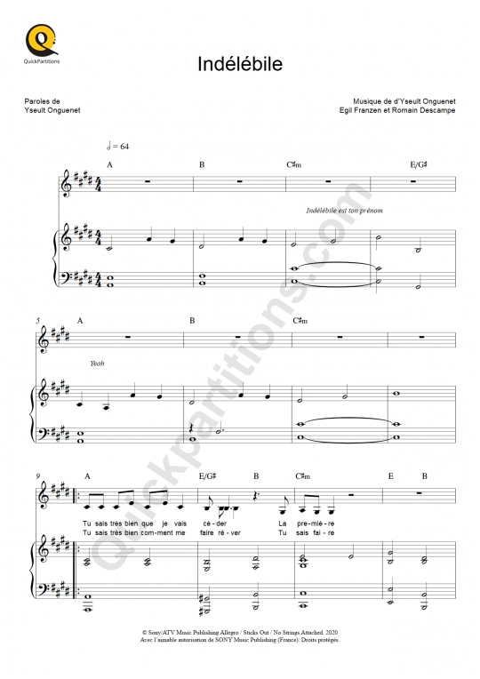 Partition piano Indélébile - Yseult