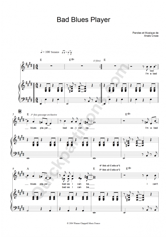 Bad Blues Player Piano Sheet Music - Anais