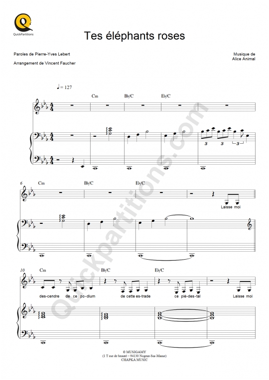 Partition piano Tes éléphants roses - Alice Animal