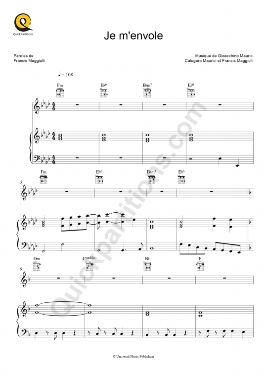 Partition piano Je m'envole de Charts