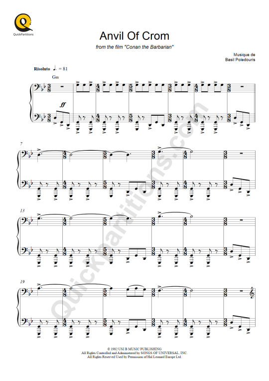 Partition piano Anvil Of Crom (Conan le barbare) - Basil Poledouris