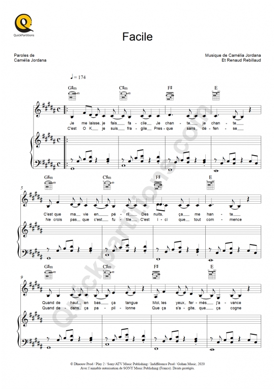 Partition piano Facile - Camélia Jordana