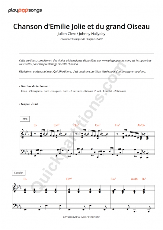 Support de cours Chanson d'Emilie Jolie et du grand oiseau - PlayPopSongs