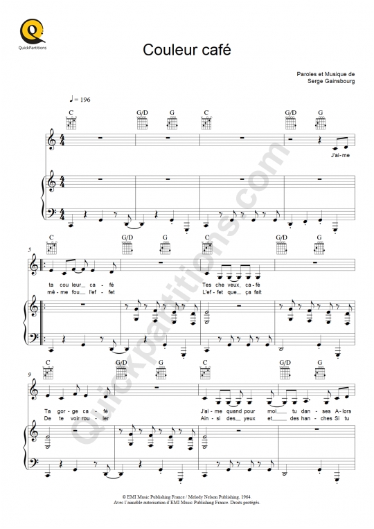Partition piano Couleur café - Serge Gainsbourg