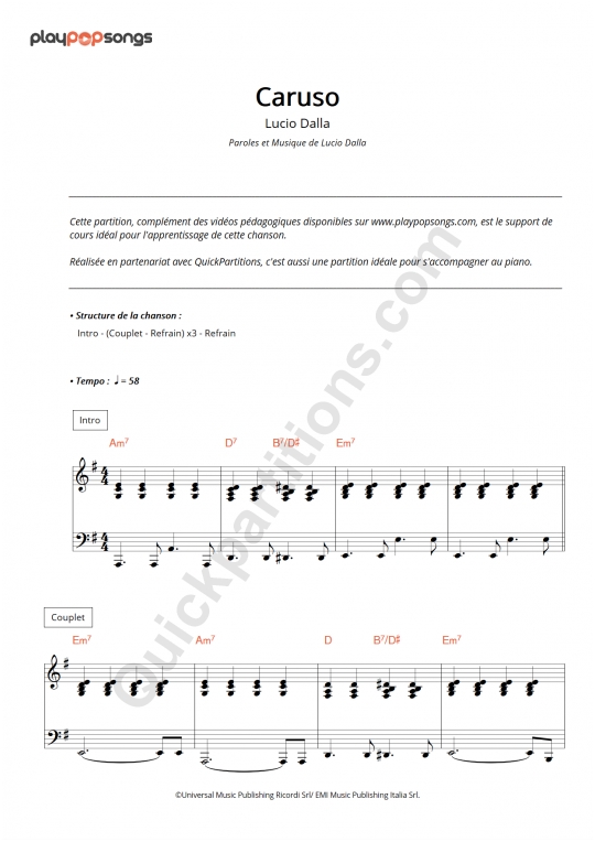 Support De Cours Caruso PlayPopSongs Partition Digitale 
